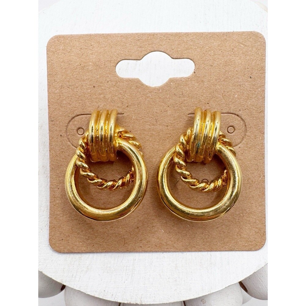 Gold Tone Door Knocker Style Earrings Rope Texture Thailand Post Back